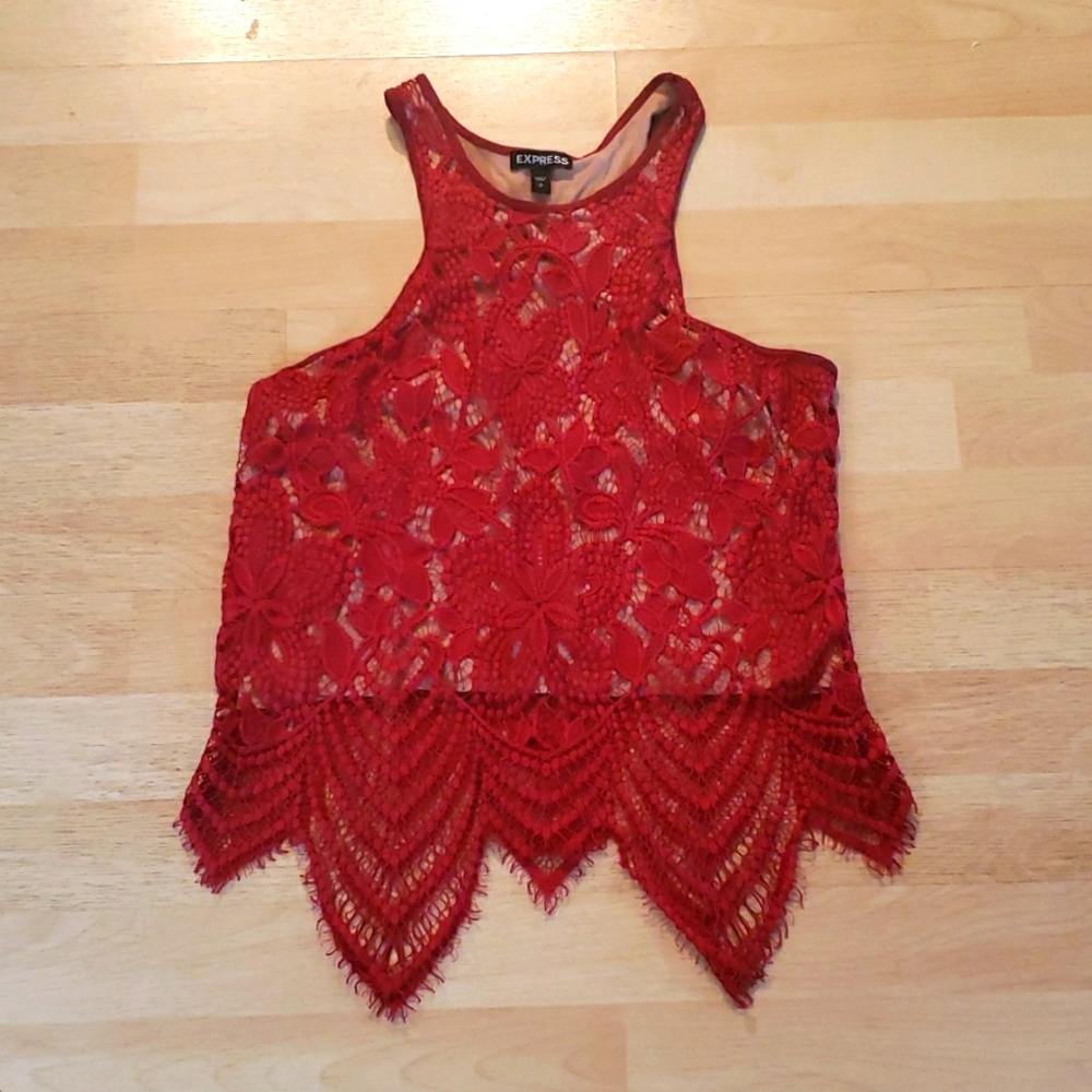 Express Fire Red Tank Top with Lace Design